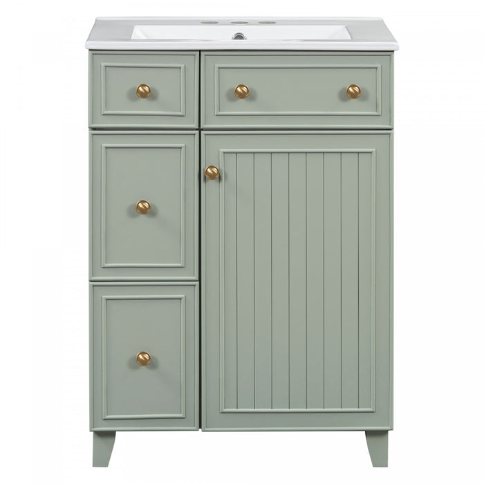 Jonas Meuble-lavabo De Salle De Bain 24\" En Bois Massif Avec Tiroirs Et Porte De Rangement - Vert