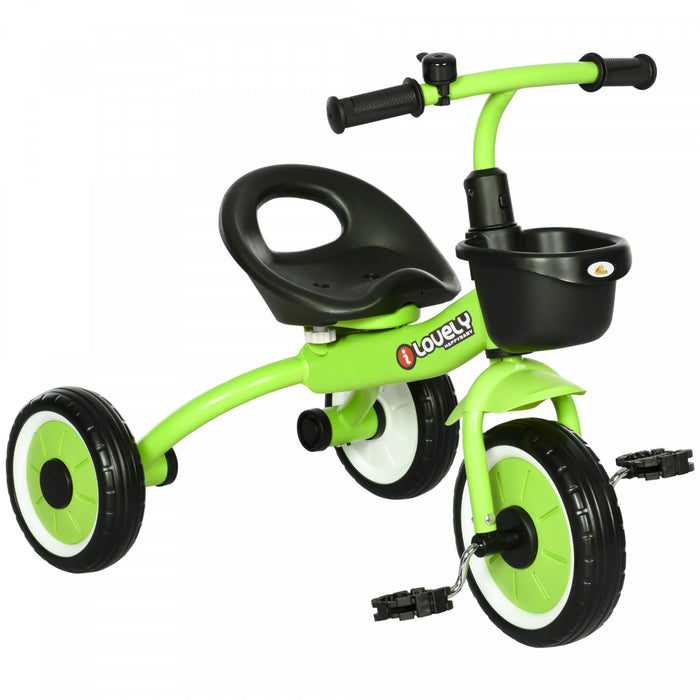 Qaba Tricycle Pour Enfants Filles Et Garcons De 2 A 5 Ans, Velo Pour Tout-petits Avec Siege Reglable, Panier, Cloche, Vert