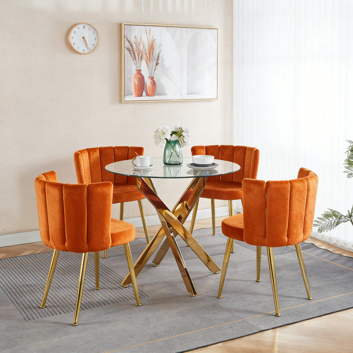 Ensemble de salle a manger Aiden 5 pieces avec table en verre et chaises en velours, couleur orange