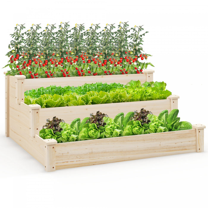Lit De Jardin Eleve En Bois A 3 Niveaux Costway Avec Planteur De Croissance De Base A Extremite Ouverte Pour La Cour Arriere