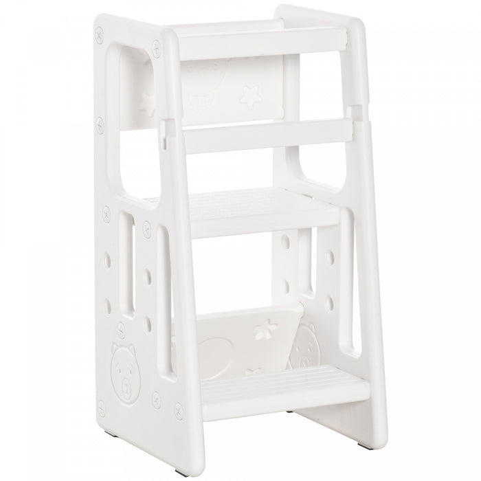 Qaba Marchepied Pour Enfants Avec Plate-forme Debout Reglable Pour Tout-petits - Tour Debout Pour Comptoir De Cuisine Pour Enfants Avec Trois Hauteurs Reglables, Blanc