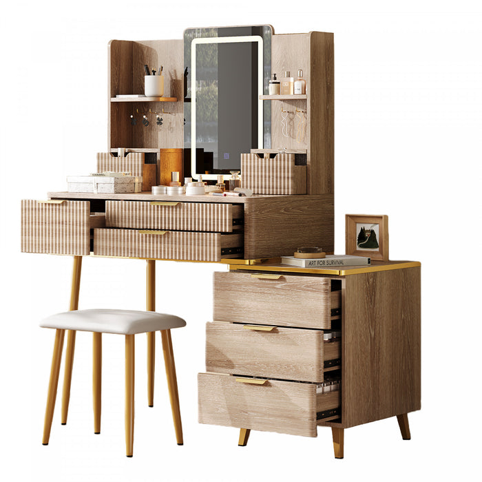 Victoria Ensemble de coiffeuse 7 tiroirs avec miroir LED et pieds en metal, Brun Jaune