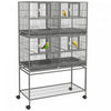 Pawhut Grande Cage A Oiseaux En Metal A Double Roulement Avec Plateau En Metal Amovible, Etagere De Rangement, Perchoir En Bois, Recipient Alimentaire, Gris