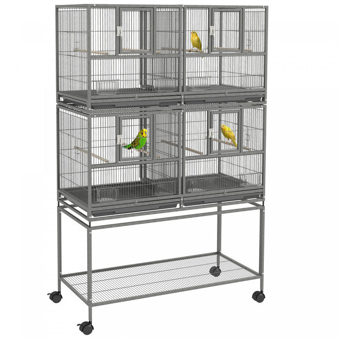 Pawhut Grande Cage A Oiseaux En Metal A Double Roulement Avec Plateau En Metal Amovible, Etagere De Rangement, Perchoir En Bois, Recipient Alimentaire, Gris
