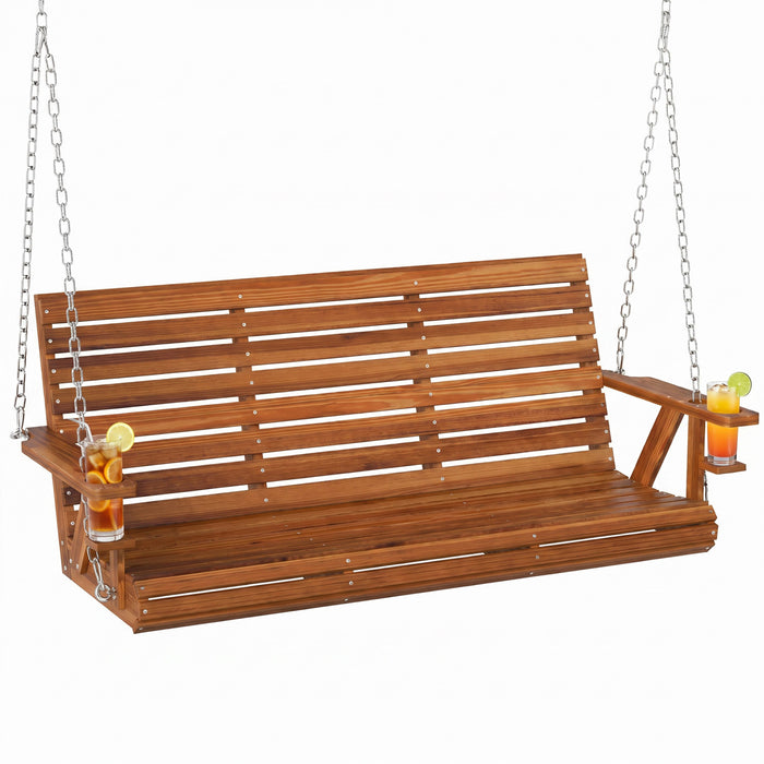 Outsunny Balancoire de Veranda en Bois 3 Places, 5 Pieds avec Porte-Gobelets, Carbonise