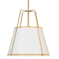 Luminaire suspendu Trapezoid de Dainolite avec abat-jour trapézoïde doré et blanc qui diffuse la lumière, tissu blanc et 4 ampoules