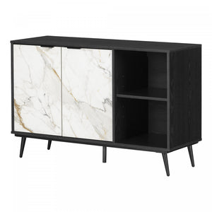 Mezzy Buffet 2 Portes Avec Rangement Ouvert - Chene Noir Et Faux Marbre Blanc