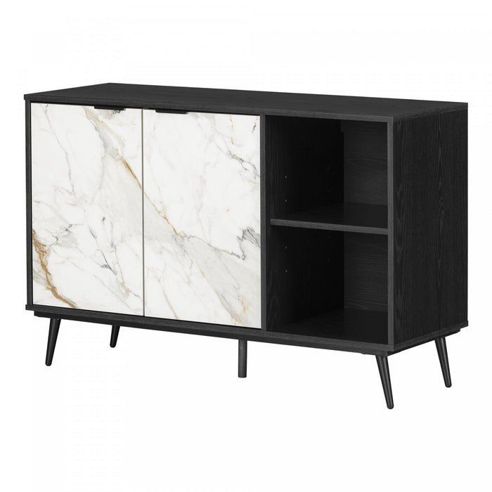 Mezzy Buffet 2 Portes Avec Rangement Ouvert - Chene Noir Et Faux Marbre Blanc