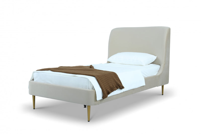 Lit jumeau Heather style milieu du siecle moderne, tapisse de velours creme et or