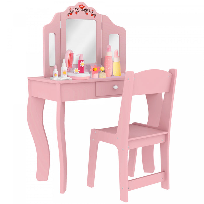 Qaba Ensemble De Coiffeuse Pour Enfants 2 Pcs Avec Miroir, Tabourets, Rose
