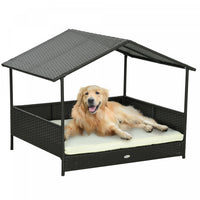 Pawhut Niche D'exterieur En Rotin Pour Chien Avec Auvent D'ombrage, Lit Sureleve En Osier Avec Couss