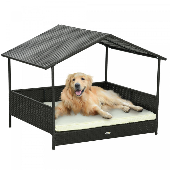 Pawhut Niche D'exterieur En Rotin Pour Chien Avec Auvent D'ombrage, Lit Sureleve En Osier Avec Coussin Doux Et Housse Lavable, Pour Chiens De Taille Moyenne Et Grande, Interieur Et Exterieur, Blanc