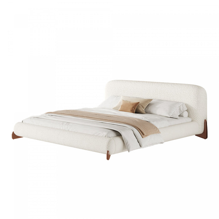 Lit plateforme Harper a profil bas en boucle avec tete de lit epaisse et courbee, California King, blanc creme