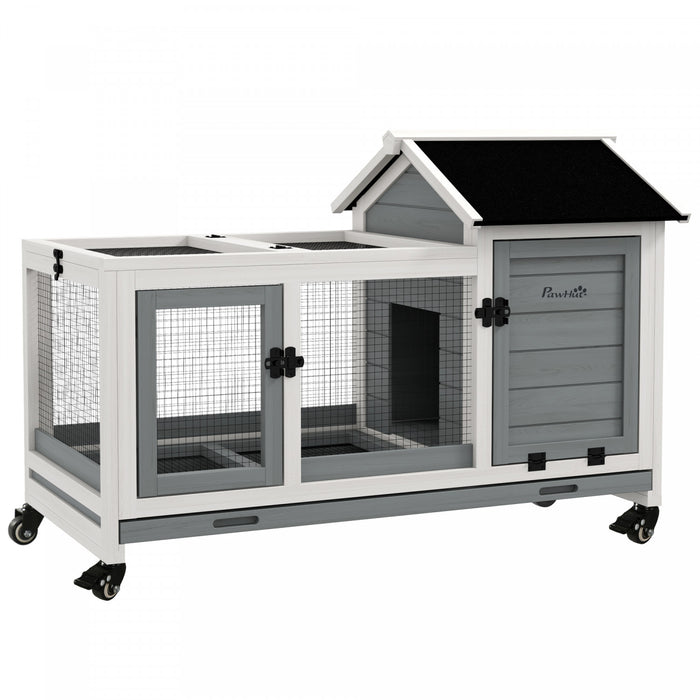 Clapier pour Lapins avec Roues, Rampe, Enclos, Plateau, Gris