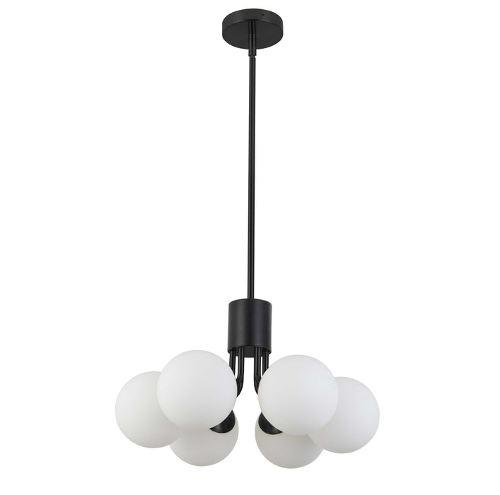 Luminaire suspendu Amanda de Dainolite en verre blanc opale, avec fini noir mat et 6 ampoules