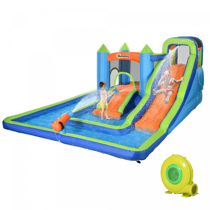 Outsunny Chateau Gonflable 5 En 1 Enfants Avec Double Toboggans Piscine Trampoline Mur D'escalade Canon A Eau, Exterieur Avec Souffleur Sac De Transport, Pour 3-8 Ans