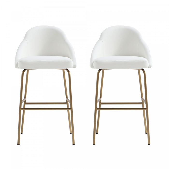 Tabouret de bar moderne en metal Gracie avec revetement, blanc et or - Lot de 2