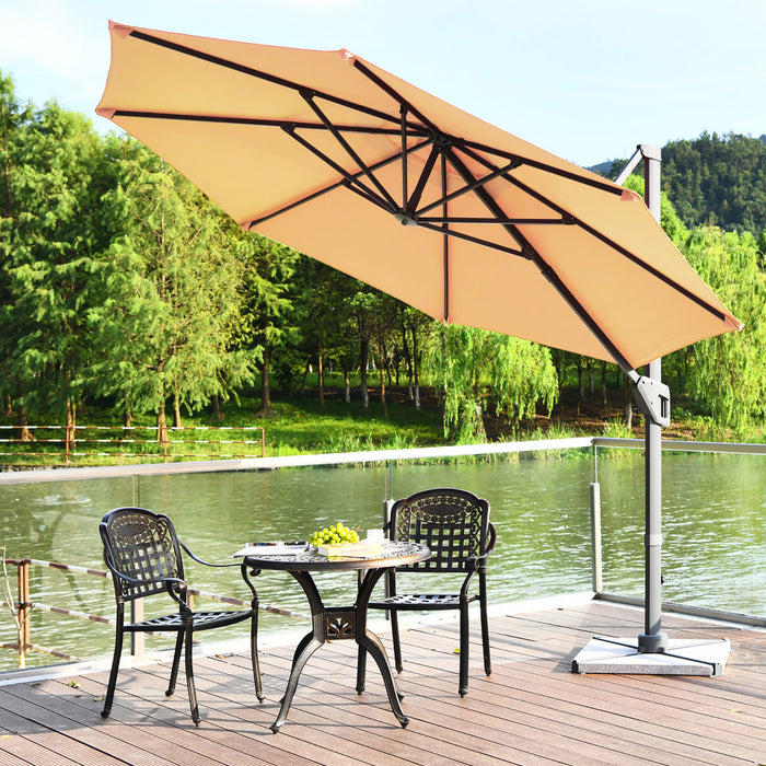 Costway Parasol deporte 11ft pour terrasse a rotation cantilever, aluminium, inclinable, base croisee, beige
