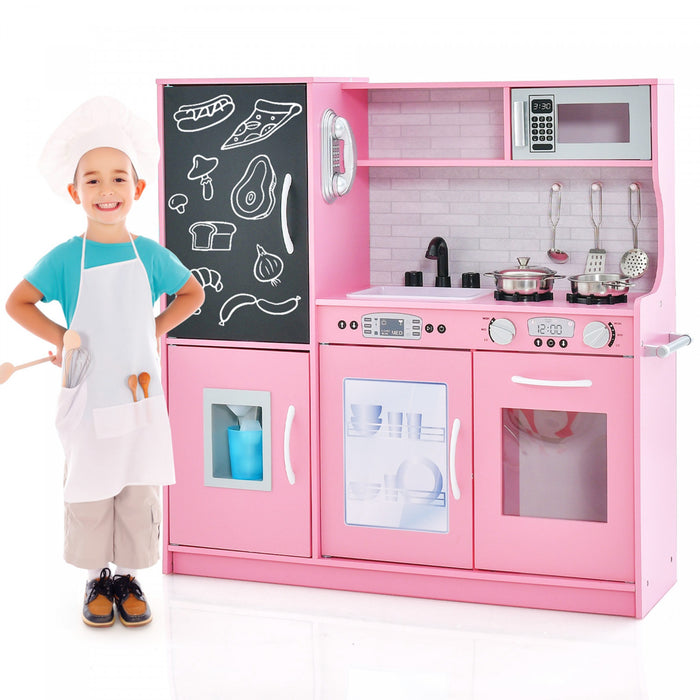 80x24x81cm Ensemble De Jouet De Cuisine Pour Enfant, Jeu De Role Avec Tableau Noir Et Six Compartiments De Rangement, Boutons Avec Effets Sonores, Pour Enfants De 3 A 6 Ans, Blanc/rose