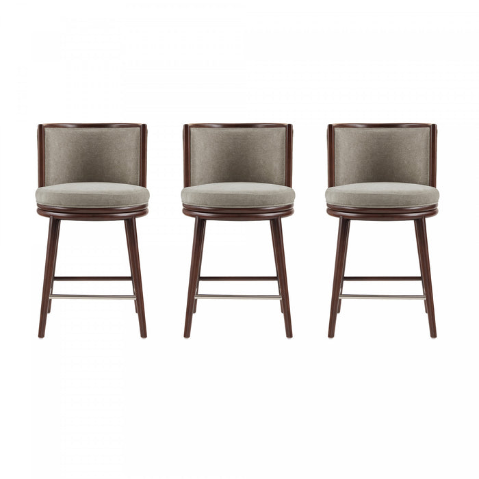 Tabouret de comptoir moderne en bois avec revetement en tissu, modele Evalyn, coloris colombe - Lot de 3