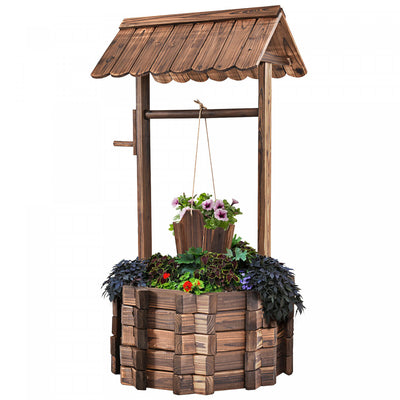Costway Outdoor Wooden Wishing Well Bucket Flower Plants Planter Garden Home Decor