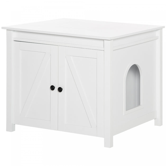 Pawhut Boite A Litiere Pour Chat Avec Dessus Ouvrable, Table D'appoint Pour Le Rangement De La Toilette Du Chat Avec Deux Portes, Poignees En Alliage De Zinc, Pour L'interieur, Blanc