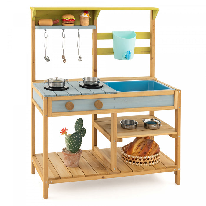Jeu De Cuisine En Bois Pour Enfant, Cuisine Jouet Pour Enfant, Robinet Et Reservoir A Eau, Evier Amovible, 3 Crochets De Suspension, 1 Etagere Amovible, 2 Etageres Fixes, Pour Les +3 Ans