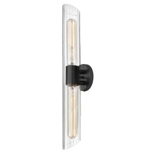 Grande lumière de coiffeuse Samantha de Dainolite en verre cannelé transparent, avec fini noir mat et 2 ampoules
