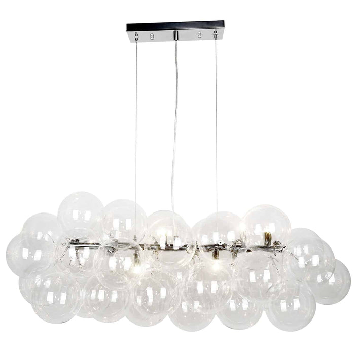 Luminaire suspendu horizontal Comet de Dainolite en verre transparent, avec fini chromé poli et 10 ampoules