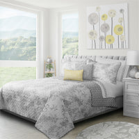 Ensemble Courtepointe Reversible 3 Pieces Tres Grand Lit (King) - Imprime Floral Botanique Gris et Blanc