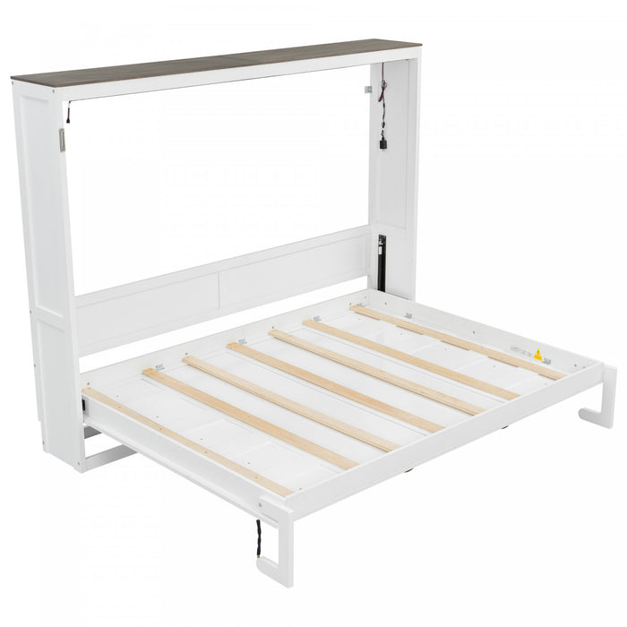 Lit escamotable Olivia en bois massif avec lumiere LED et armoire pliante, taille queen, blanc