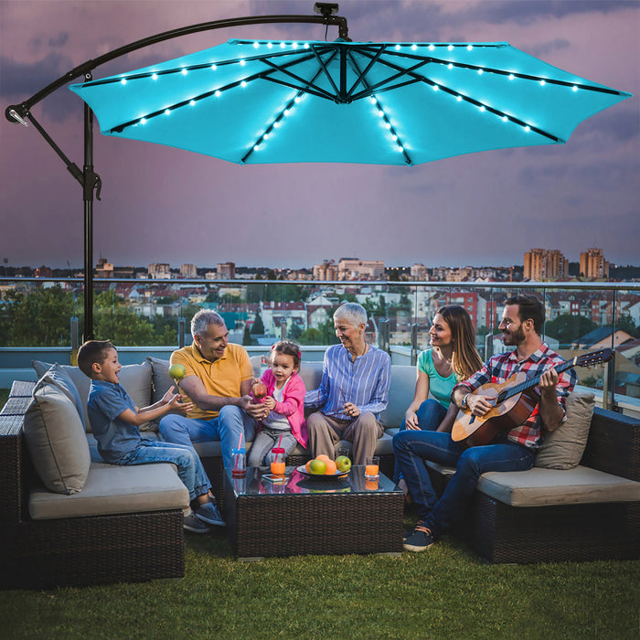 Costway Parasol deporte solaire LED de 10 pieds avec manivelle, 40 lumieres, base turquoise