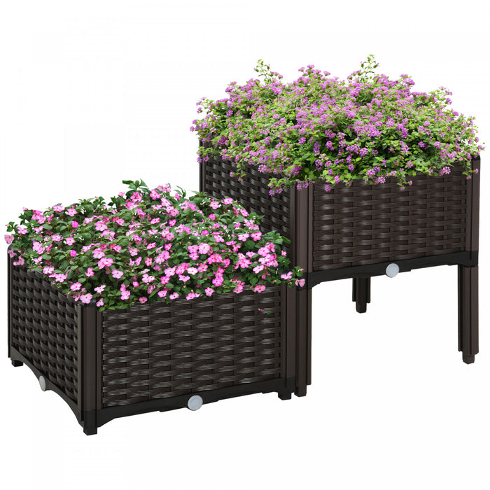 Outsunny Jardiniere Sur Pieds Carre Potager 2 Etages Dim. 80l X 40l X 44h Cm Insert D\u0092irrigation Plastique Imitation Rotin Tresse Chocolat