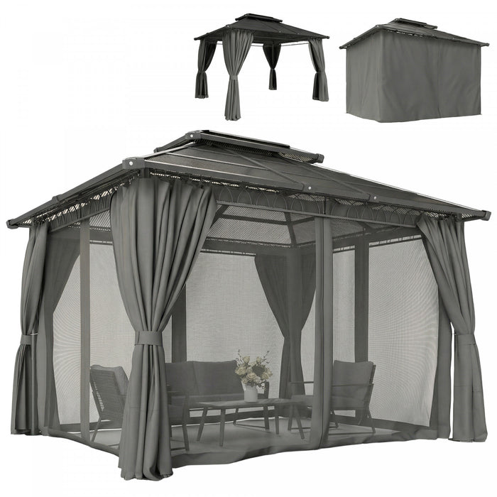 Outsunny Pavillon 3 x 3,6 m, Toit Rigide Double avec Rideaux, Noir