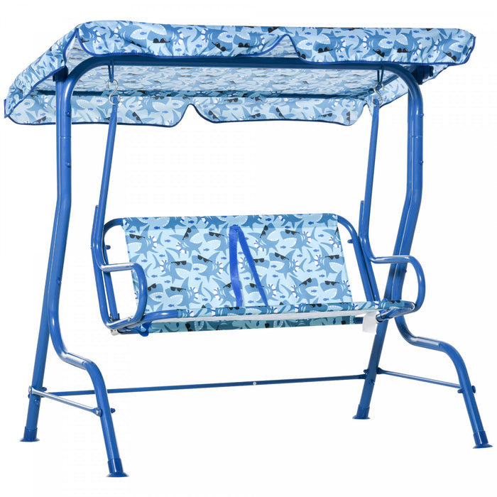 Outsunny Chaise Balancoire 2 Places Pour Enfants Avec Balancoire D'exterieur Pour Les Petits Enfants Avec Auvent Et Ceinture De Securite Pour Porche, Arriere-cour, Motif Requin 43,25\" X 27,5\" X 43,25\"