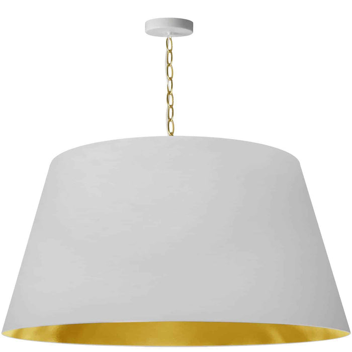 Très grand luminaire suspendu Brynn de Dainolite avec abat-jour blanc et doré, fini laiton vieilli et 1 ampoule