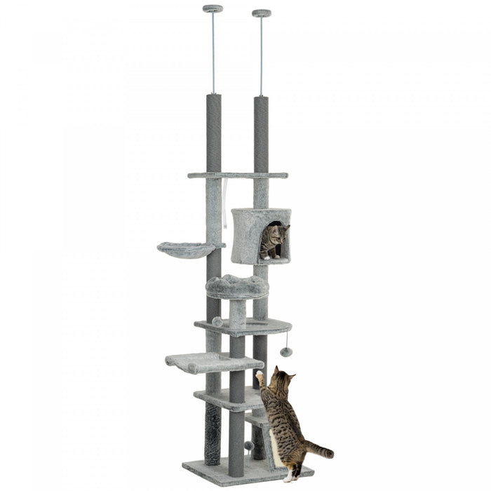 Pawhut Tour A Chat Pour Grands Chats, Arbre A Chat Du Sol Au Plafond Pour Chats D'interieur, Hauteur Reglable 89 A 100\", Tour D'escalade A Plusieurs Niveaux Avec Griffoirs, Rampe