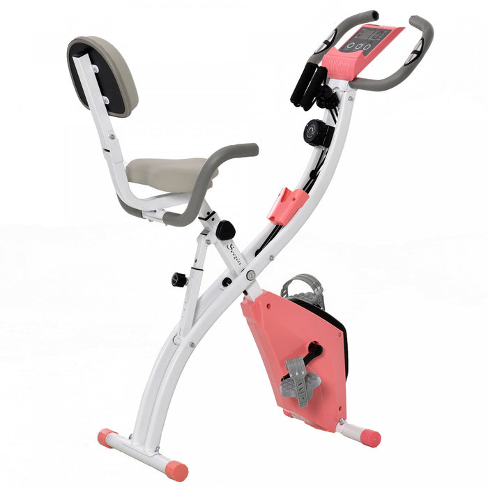 Soozier Velo D'exercice Droit 2 En 1 Stationnaire Pliable Magnetique Velo Couche Avec Bandes De Resistance Aux Bras Rose
