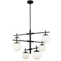 Lustre Caelia de Dainolite en verre blanc opale, avec fini noir mat et 6 ampoules