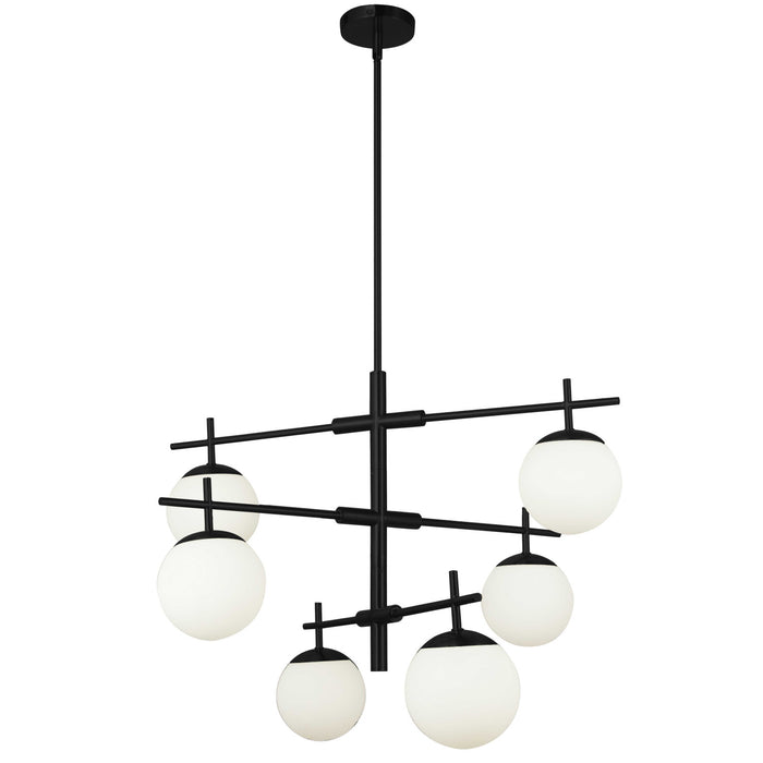Lustre Caelia de Dainolite en verre blanc opale, avec fini noir mat et 6 ampoules