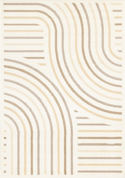 Carpette Forte crème, beige et brune à motif de lignes courbées - 5 pi 3 po x 7 pi 5 po