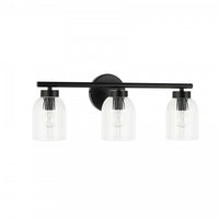 Lumière de coiffeuse Vienna de Dainolite en verre côtelé transparent, avec fini noir mat et 3 ampoules incandescentes