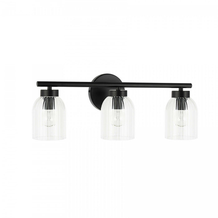 Lumière de coiffeuse Vienna de Dainolite en verre côtelé transparent, avec fini noir mat et 3 ampoules incandescentes