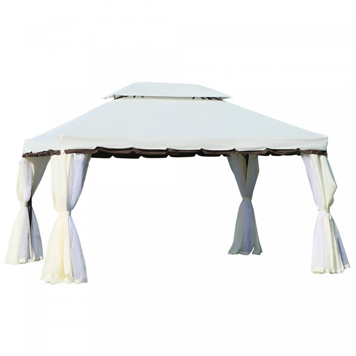 Outsunny 13' X 10' Tonnelle De Terrasse Exterieure Avec Double Toit En Polyester, Parois Laterales En Maille Ventilee Et Cadre En Aluminium Solide, Blanc
