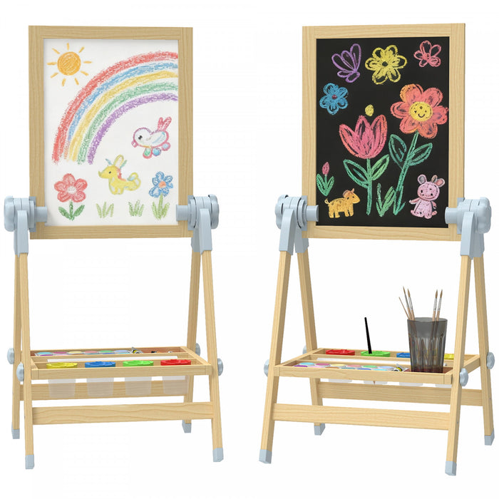 Qaba Wooden Art Easel for Kids, Double Sided Kids Easel with Height Adjustable Chalkboard and Magnetic Whiteboard, Paper Roll, Tray for Boys and Girls, Natural