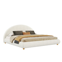  Lit plateforme Harold avec tete de lit incurvee ronde en tapisserie bouclee et cadre bas, taille King, blanc