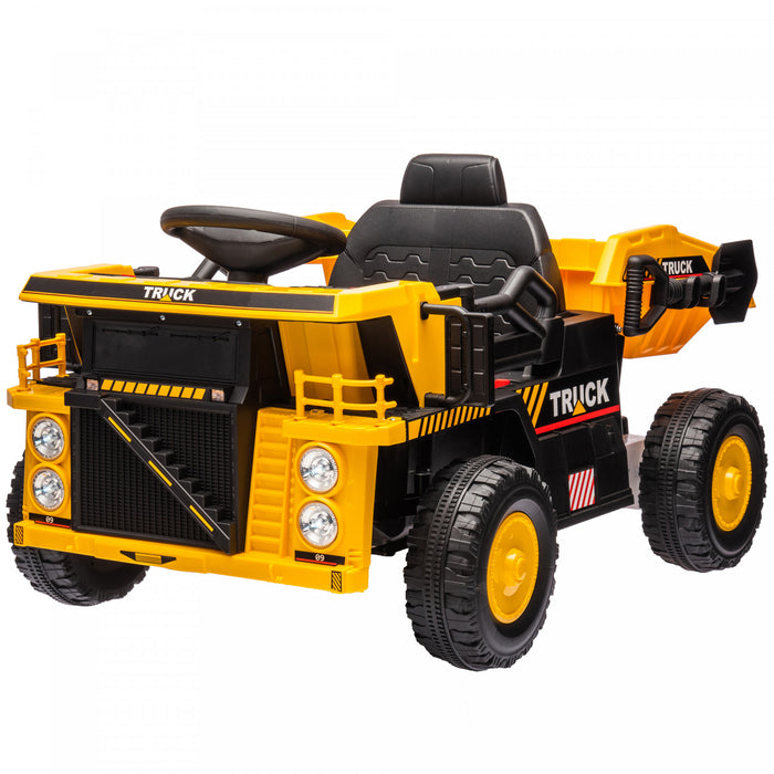 Qaba Camion A Benne Basculante Pour Enfants, Vehicule De Construction 12 V Avec Benne Electrique, Pelle, Roues A Suspension A Ressort, Phares Musicaux Led Pour Les 3 A 5 Ans