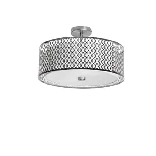 Plafonnier semi-affleuré Kordana de Dainolite avec abat-jour blanc, fini chrome satiné et 3 ampoules