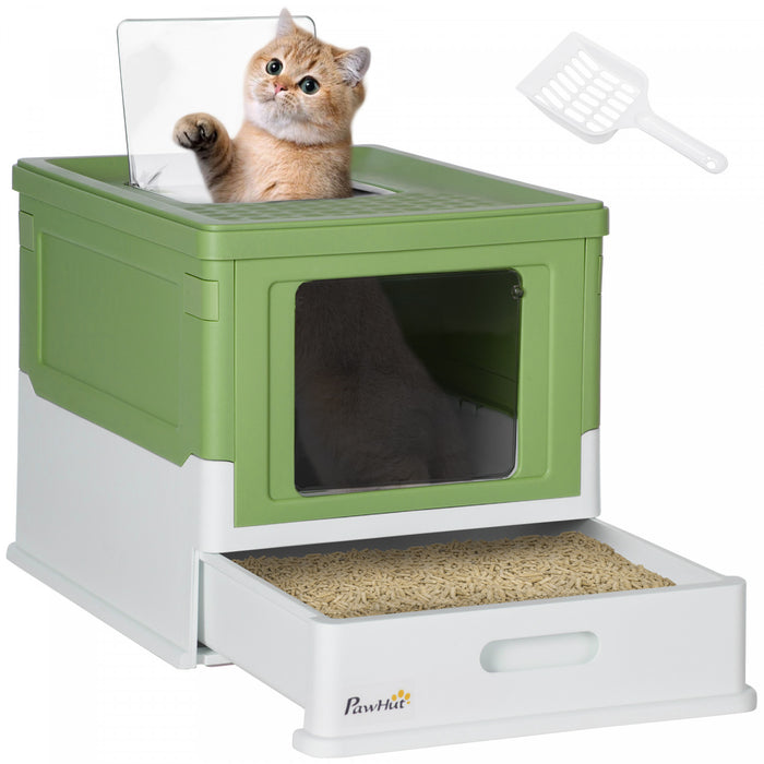 Pawhut Bac A Litiere Pour Chat Entierement Ferme Avec Pelle, Litiere Avec Plateau De Type Tiroir, Pot Pliable Anti-odeur Avec Entree Avant, Sortie Superieure, Toilettes Portables Pour Chat, Vert Jaunatre