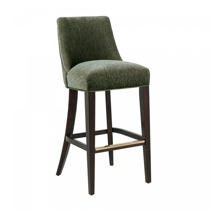 Tabouret de bar moderne Beever en bois avec revetement en chenille vert foret